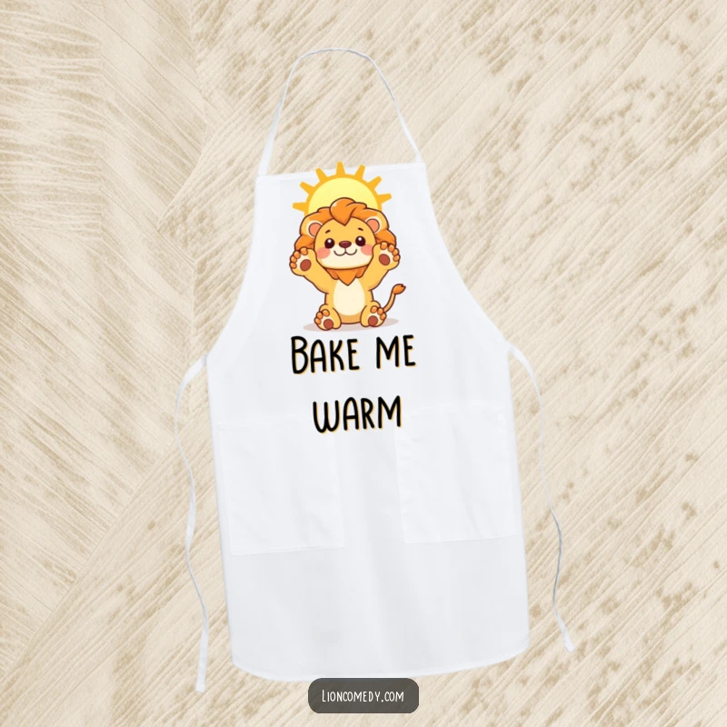 Funny Lion Sun Apron for sunny cooking, featuring a kawaii lion stretching its paws upwards towards a bright sun, protecting clothes with positivity.