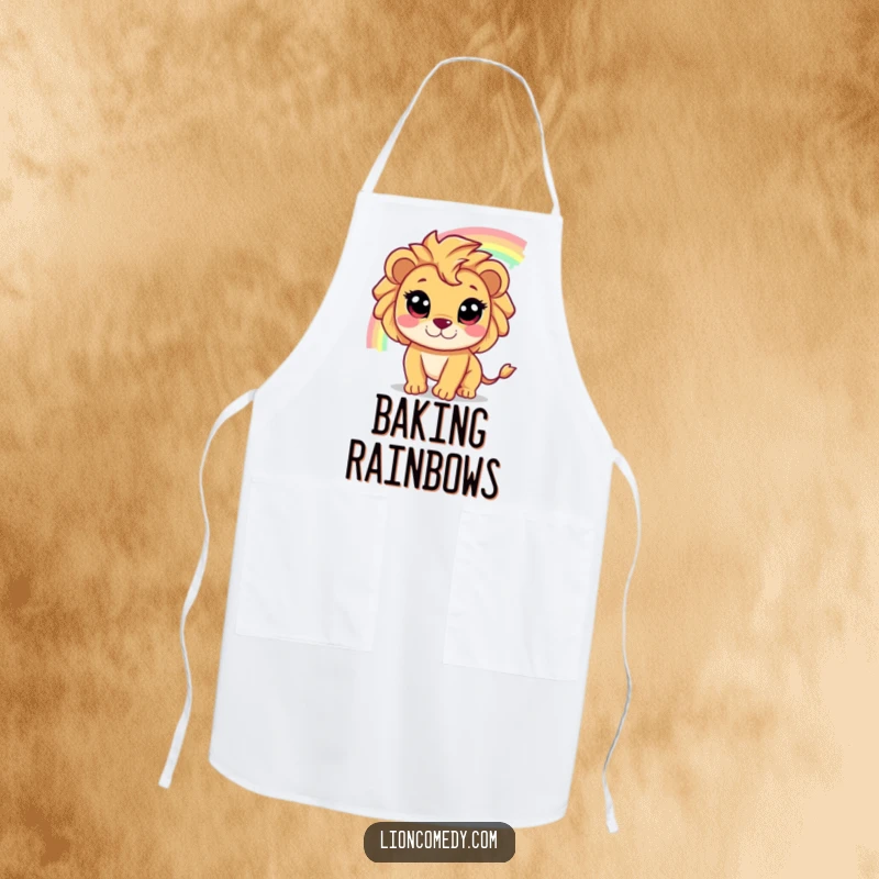 Funny apron depicting a cute lion with wide eyes joyfully chasing a shimmering rainbow, adding color to the kitchen.