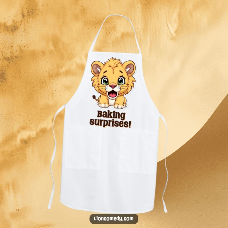 Funny lion cub apron depicting a cub with comically wide eyes and an open mouth, caught in a moment of sudden surprise.