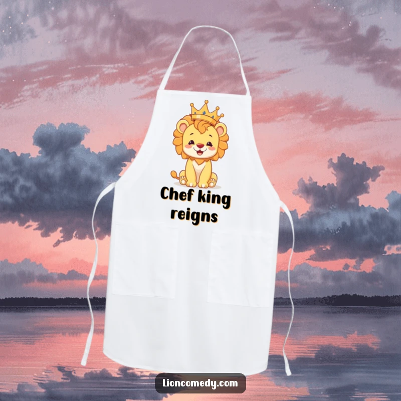 Funny lion cub apron, for playful cooking, a cheerful cub balances a crown, functional and charming kitchen wear.