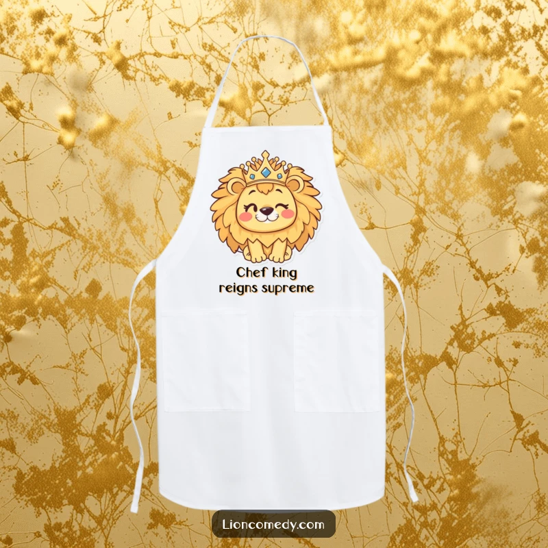 Funny kawaii lion apron with a cute winking lion wearing a crown, perfect for a regal and humorous cooking experience.