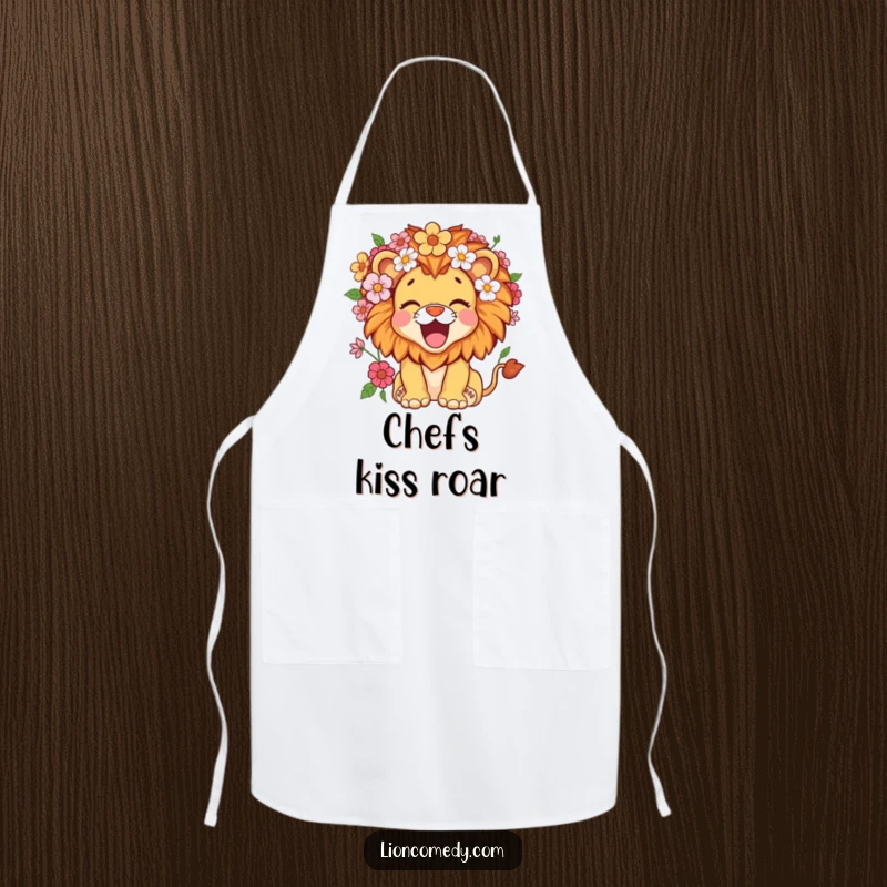 Funny kawaii lion cub with a mane of flowers, roaring with delight, wearing a kitchen apron, perfect for chefs.