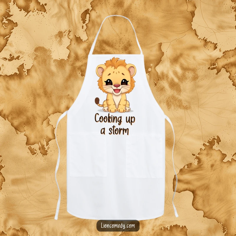 Funny Apron: A giggling lion cub humorously pretends to be a big cat while cooking. A practical and amusing kitchen accessory.