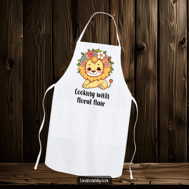 Funny apron showing a kawaii lion with a mane of flowers, stretching lazily, perfect for relaxed kitchen activities.