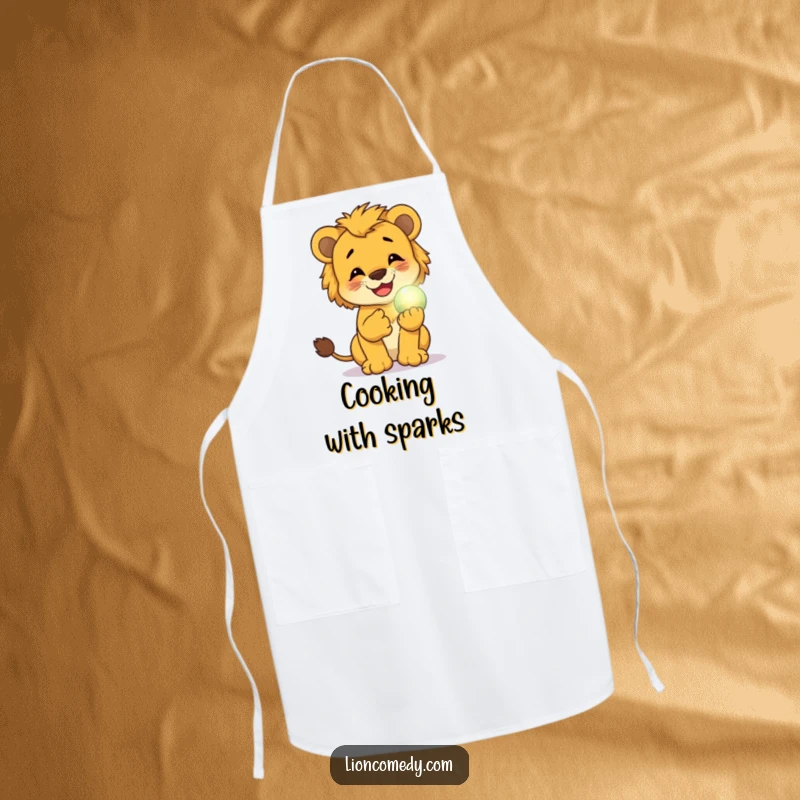 Funny apron showcasing a lion cub giggling while holding a small, glowing magical orb, perfect for a humorous and enchanting culinary experience.
