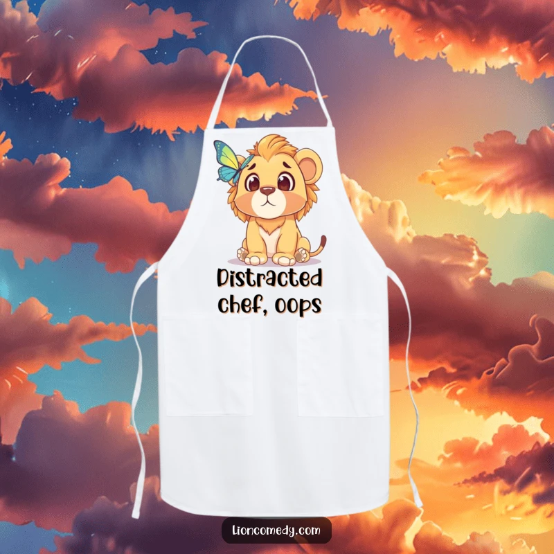 Funny apron showcasing a lion cub with a comically surprised expression staring at a butterfly, perfect for a humorous kitchen experience.