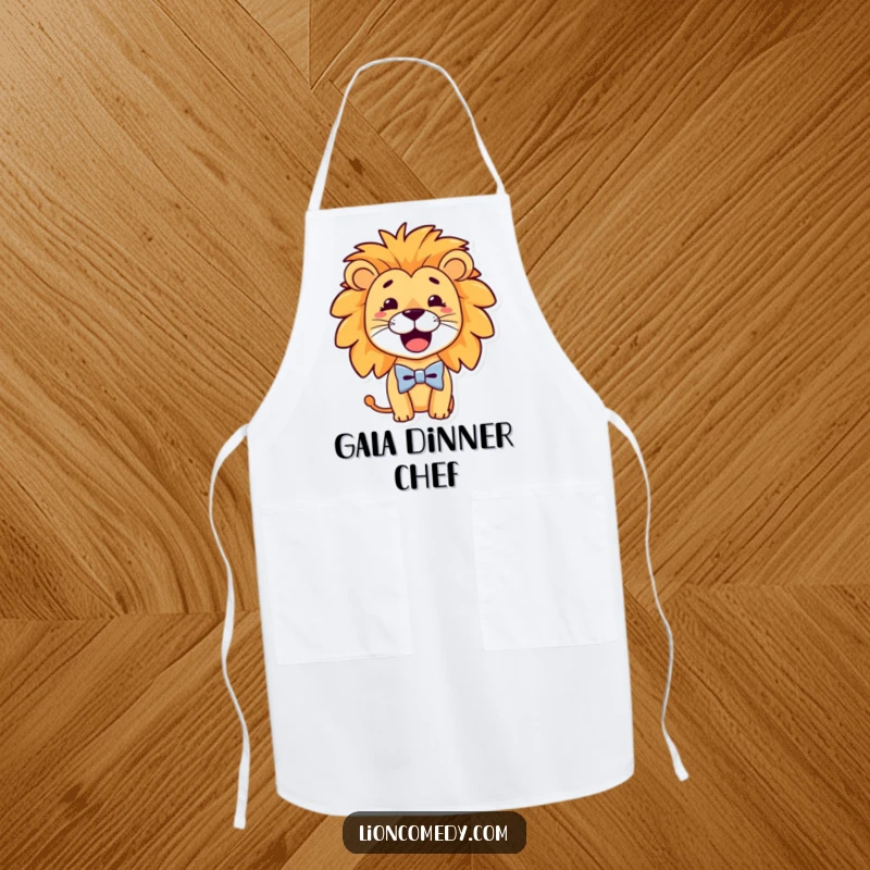 Funny Apron with a dapper lion sporting a goofy smile and a tiny bow tie, perfect for adding humor to kitchen tasks.