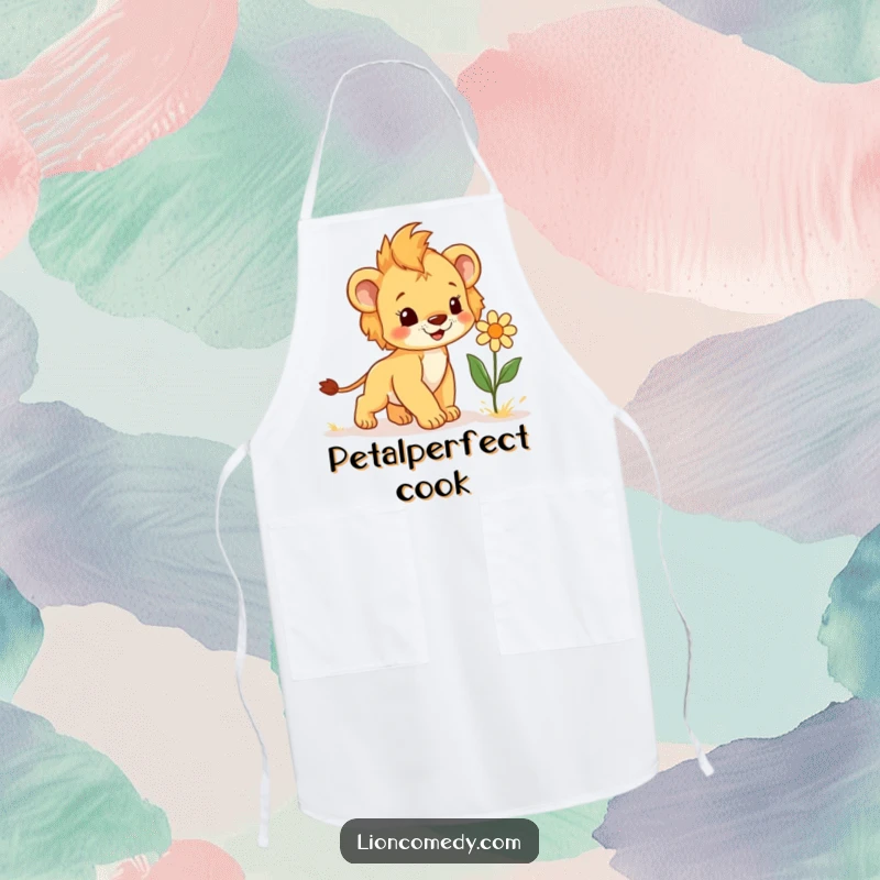 Funny Apron with a joyful lion cub approaching a giggling flower, perfect for adding humor and charm to kitchen activities.