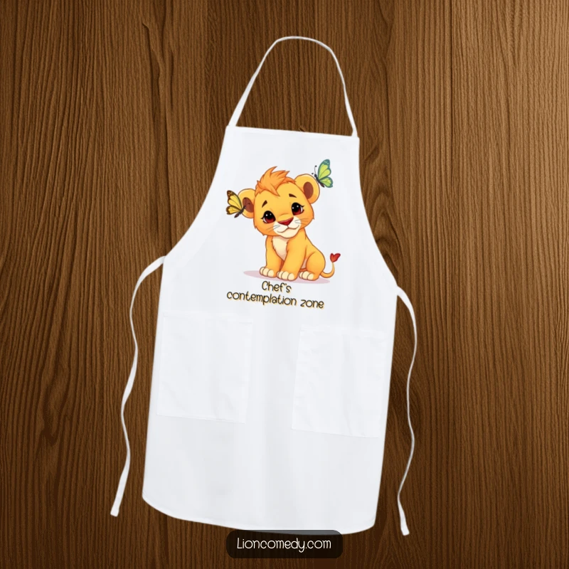 Funny Lion Cub Apron: A curious cub tilts its head, watching a butterfly with an inquisitive expression while you cook.