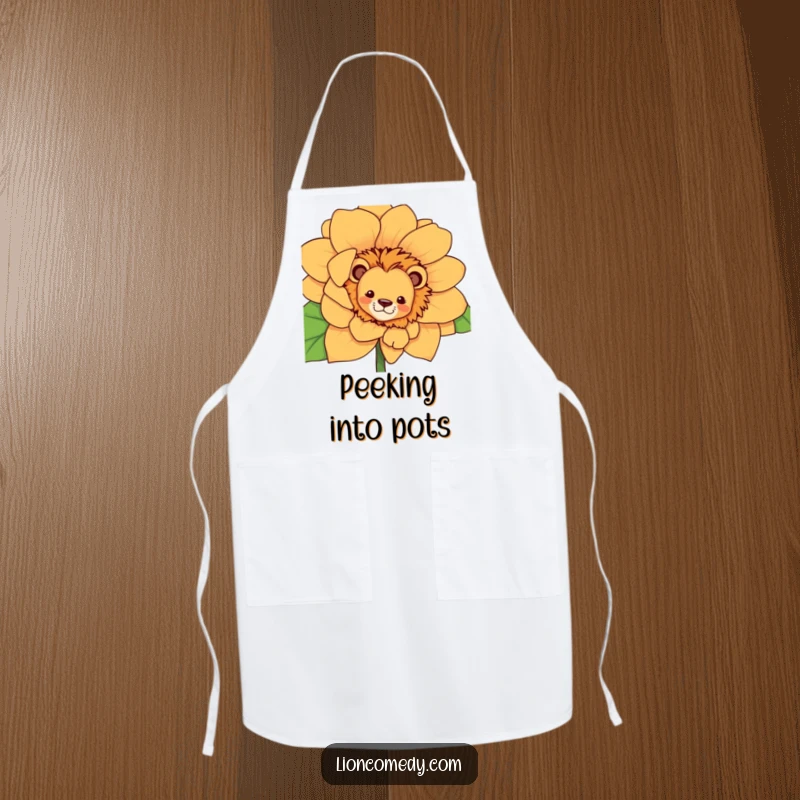 Funny curious lion apron, peeking from behind a giant flower, ready for kitchen fun with a playful spirit.