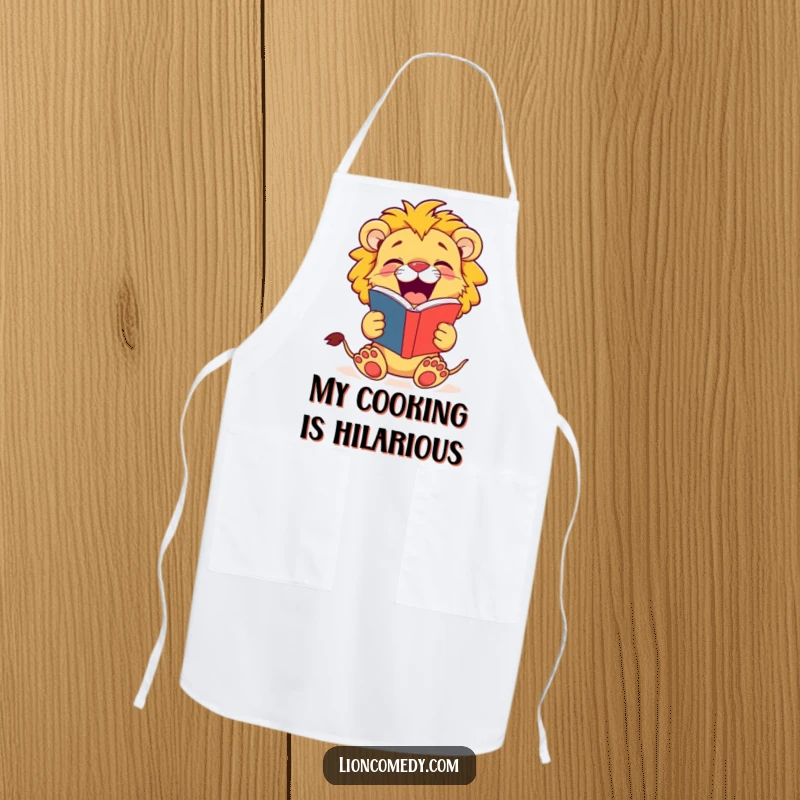 Funny Lion Cub Apron: A jovial cub roars with laughter from a joke book, adding fun to your cooking time.