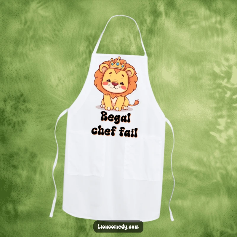 Funny cooking apron featuring a regal kawaii lion wearing a crown, hilariously stumbling, adding kitchen humor.