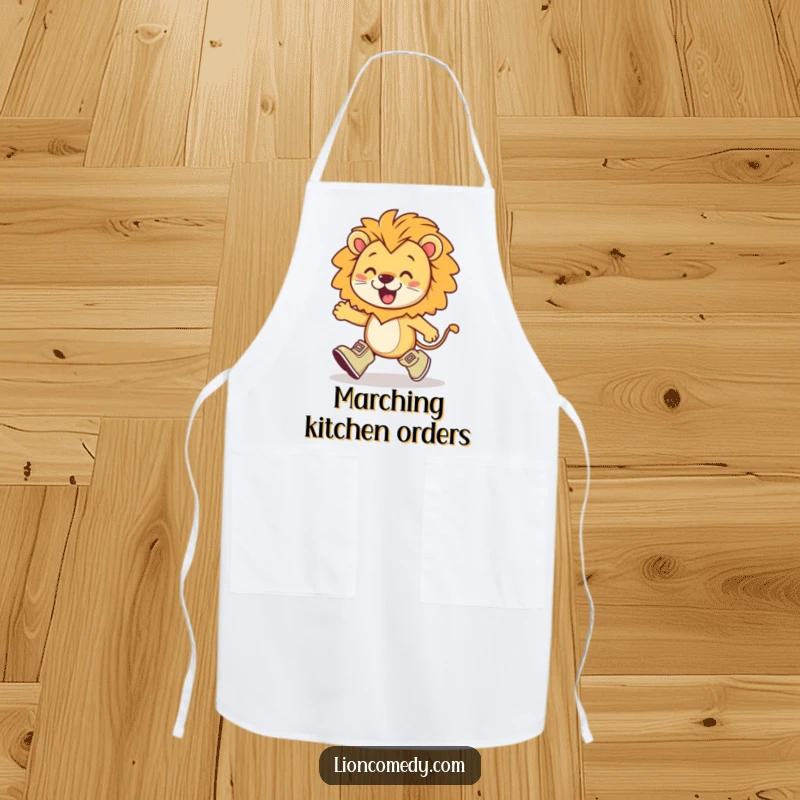 Funny kawaii lion wearing tiny boots, marching with exaggerated enthusiasm, perfect for a cheerful and enthusiastic cooking experience on an apron.