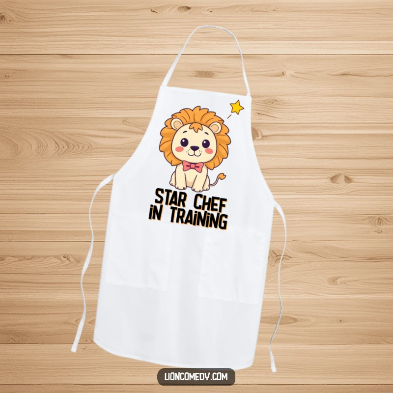 Funny Kawaii Lion Apron: A surprised lion in a bow tie watches a star fall, a humorous and protective kitchen accessory.