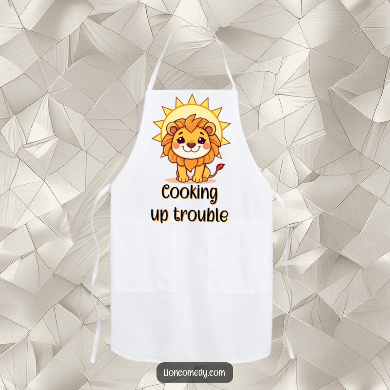 Funny apron featuring a kawaii lion with a mischievous grin, hiding behind a large, bright sun, perfect for a playful kitchen.