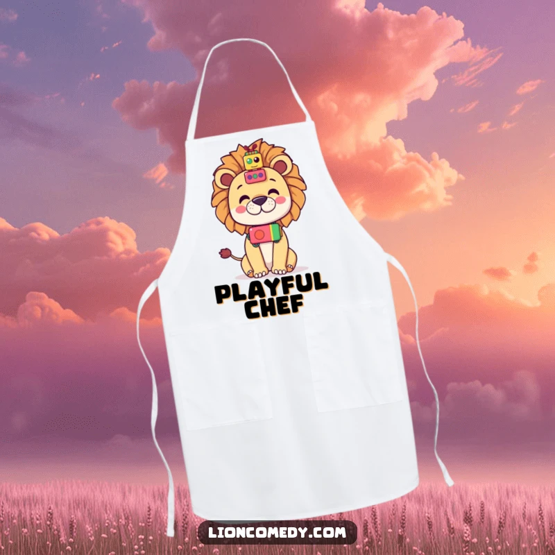 Funny Kawaii Lion Apron: A cute lion balancing toys on its nose, a humorous kitchen essential.