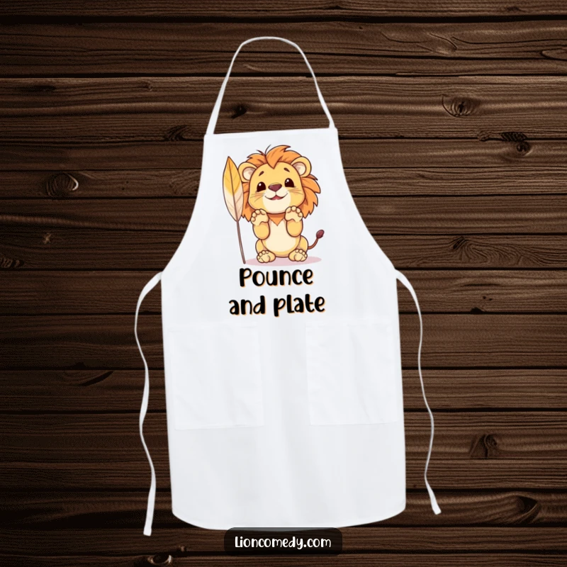 Funny apron with a small lion cub in a hunting pose, paws up, about to pounce on a feather.