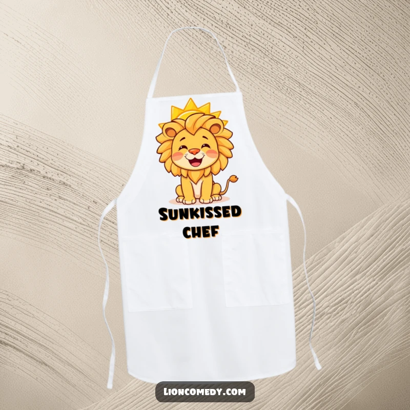Funny apron illustrating a cheerful lion balancing a big yellow sun on its nose, perfect for kitchen fun.