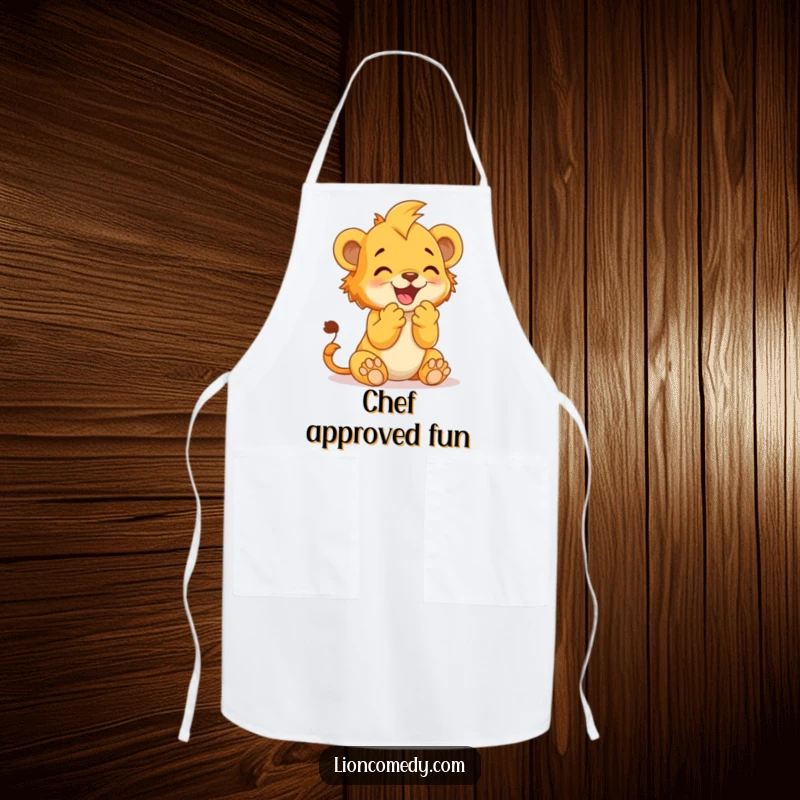 Funny Apron depicting a lion cub clapping its paws together in delight, ready to celebrate culinary creations.