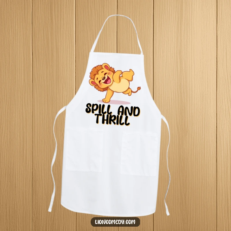 Funny apron showing an energetic lion cub doing a clumsy somersault with pure glee, ready for kitchen fun.