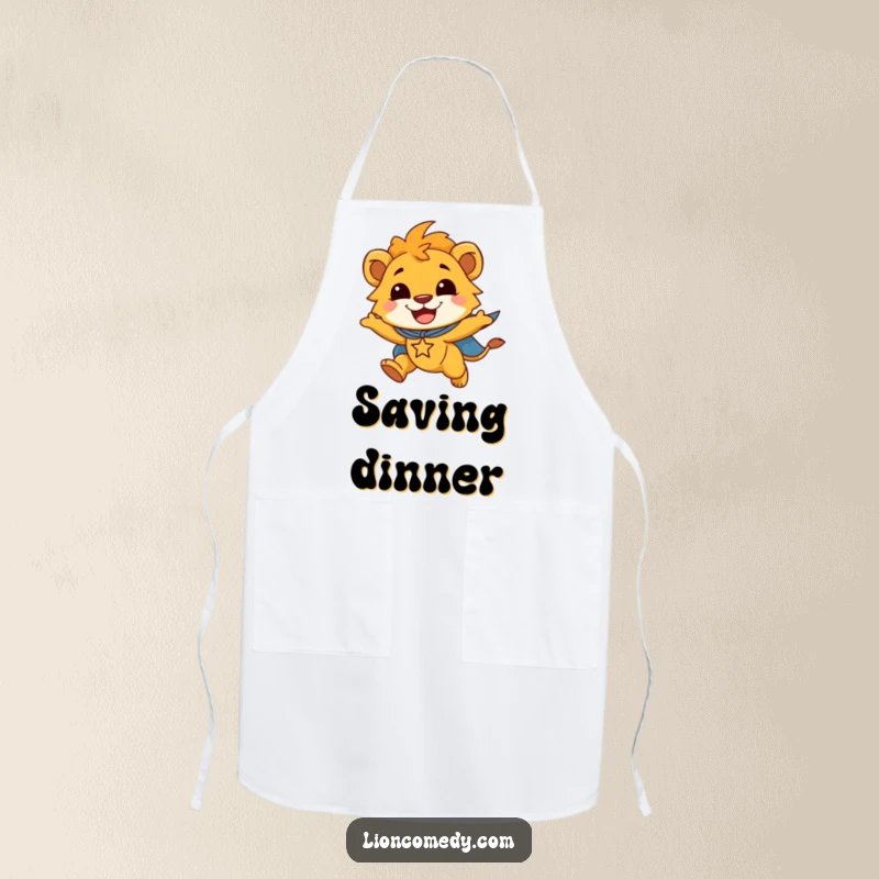 Funny apron showing a smiling lion cub in a superhero cape, flying joyfully, ready for kitchen adventures.