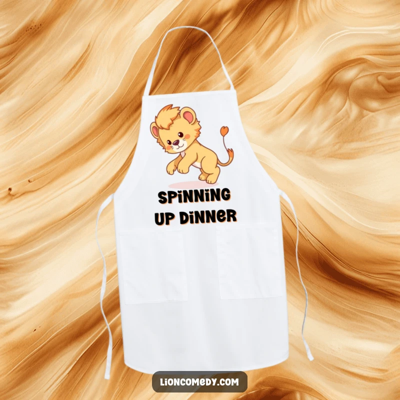 Funny Lion Cub Apron: A comical lion cub chasing its tail adds humor and charm to this playful kitchen apron.