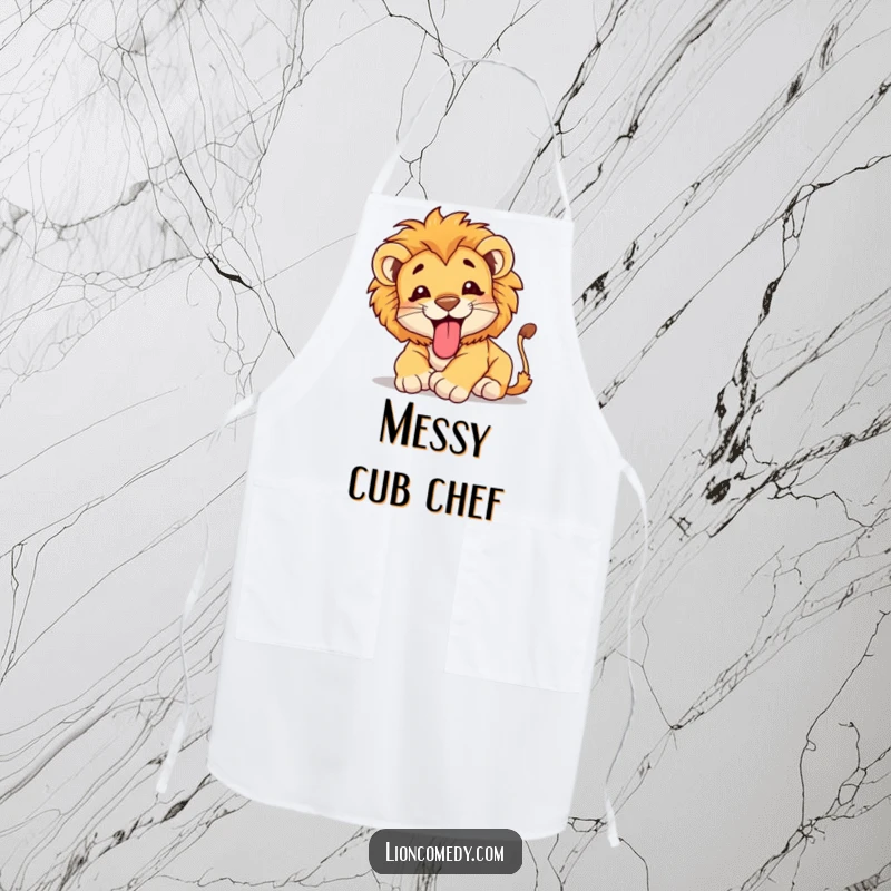 Funny Apron with a happy lion cub tumbling with its tongue sticking out, perfect for adding humor to kitchen adventures.