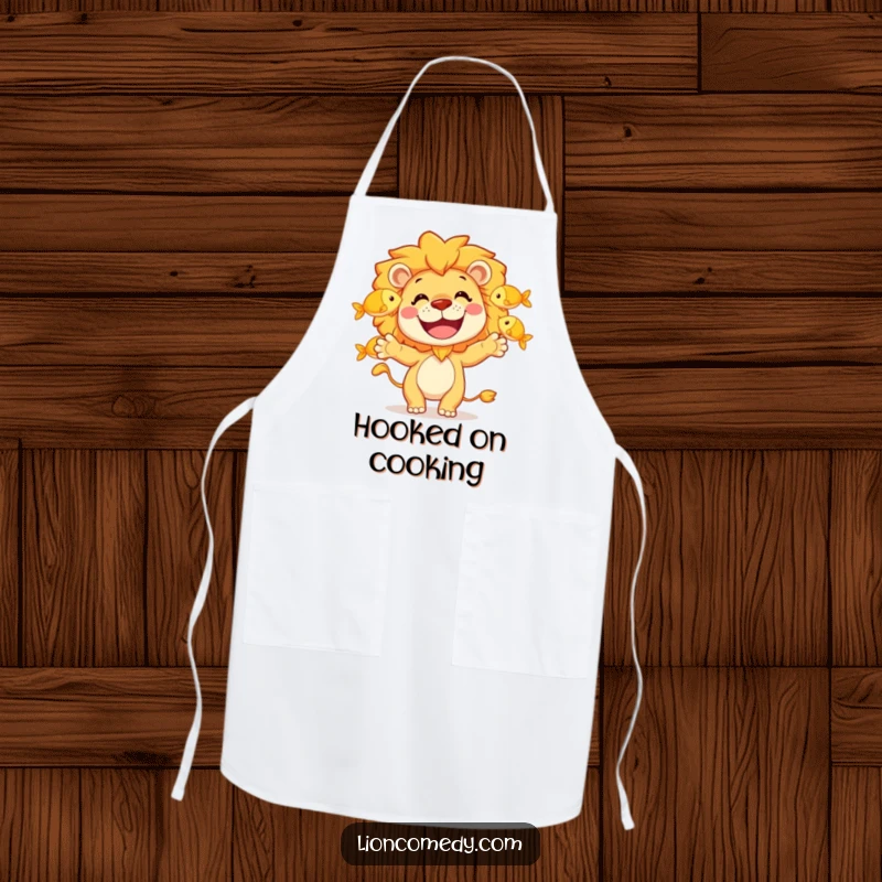 Funny apron showing a cheerful lion character juggling three golden fish with a wide, happy grin, perfect for kitchen fun.