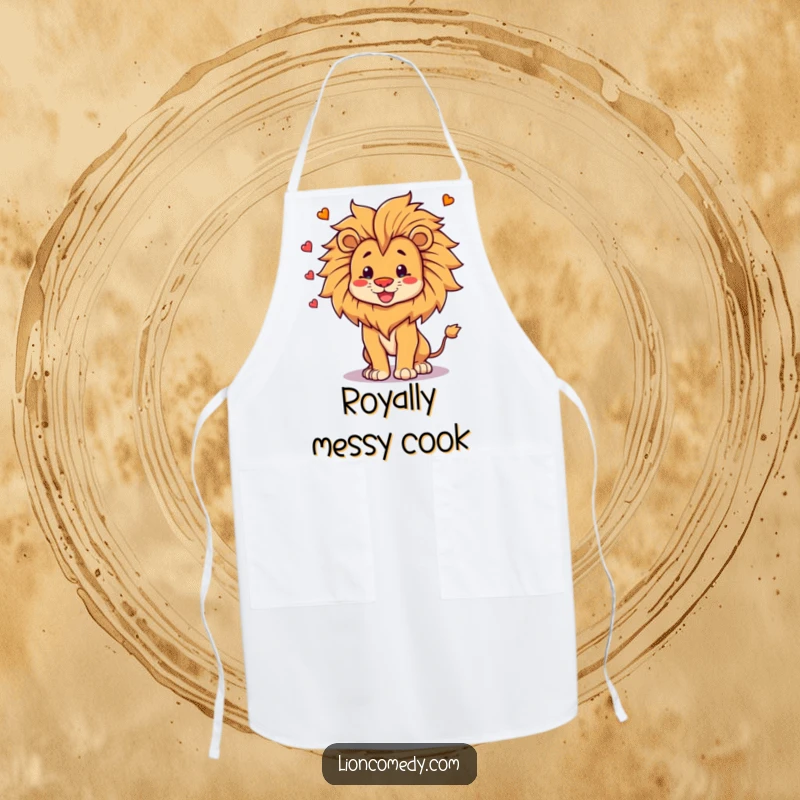 Funny Apron with a proud, happy lion masterfully juggling its own mane, ideal for kitchen fun and humorous cooking moments.