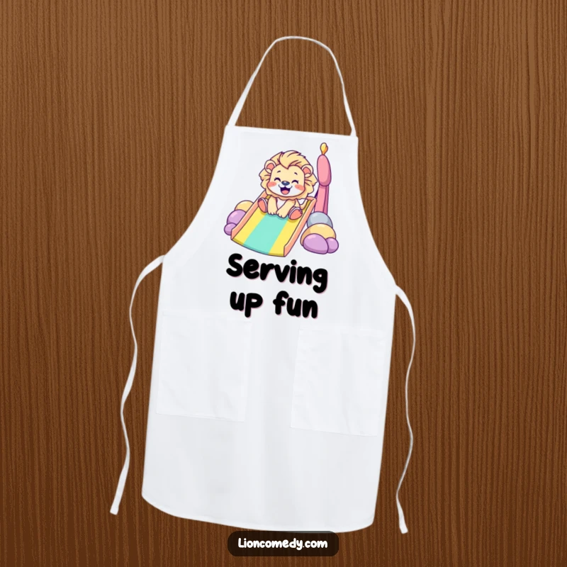 Funny Apron: A tiny lion gleefully slides down a colorful rainbow, adding humor to cooking. A practical and amusing kitchen accessory.