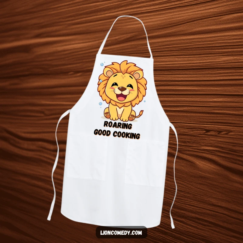 Funny Lion Roaring Bubbles Apron, a smiling lion roaring happily and releasing tiny bubbles, perfect for kitchen use.