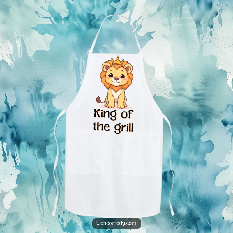 Funny apron depicting a proud lion cub standing tall with a small crown, perfect for aspiring young chefs.