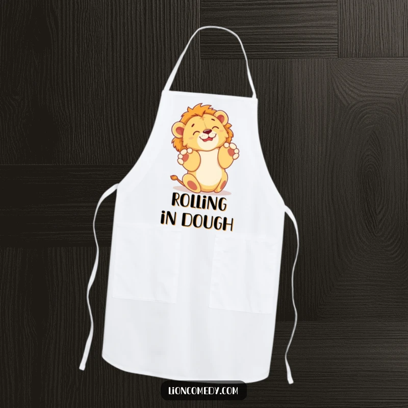 Funny apron showcasing a lion cub joyfully rolling on its back with paws in the air, perfect for a humorous cooking experience.