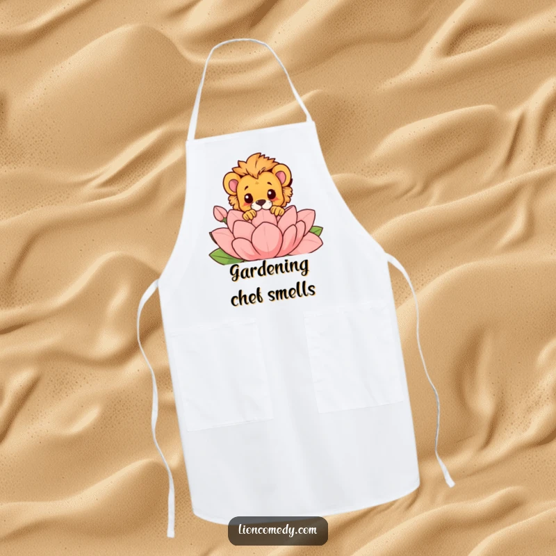 Funny apron showcasing a lion cub playfully peeking over a large, stylized flower, perfect for a humorous culinary experience.