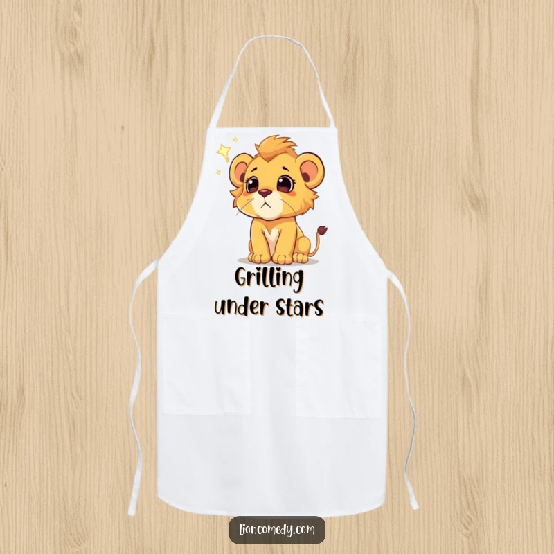 Funny lion cub apron, inspiring wonder while cooking, a cub watches a shooting star, functional and magical kitchen wear.