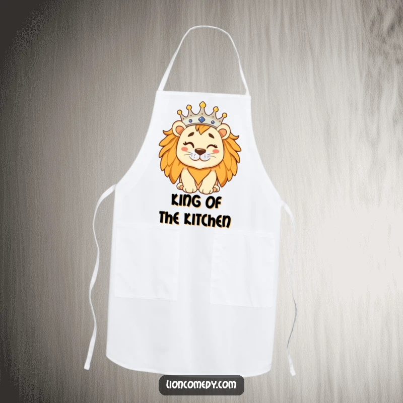 Funny regal lion wearing a tilted crown and winking, printed on a durable apron for playful cooking.