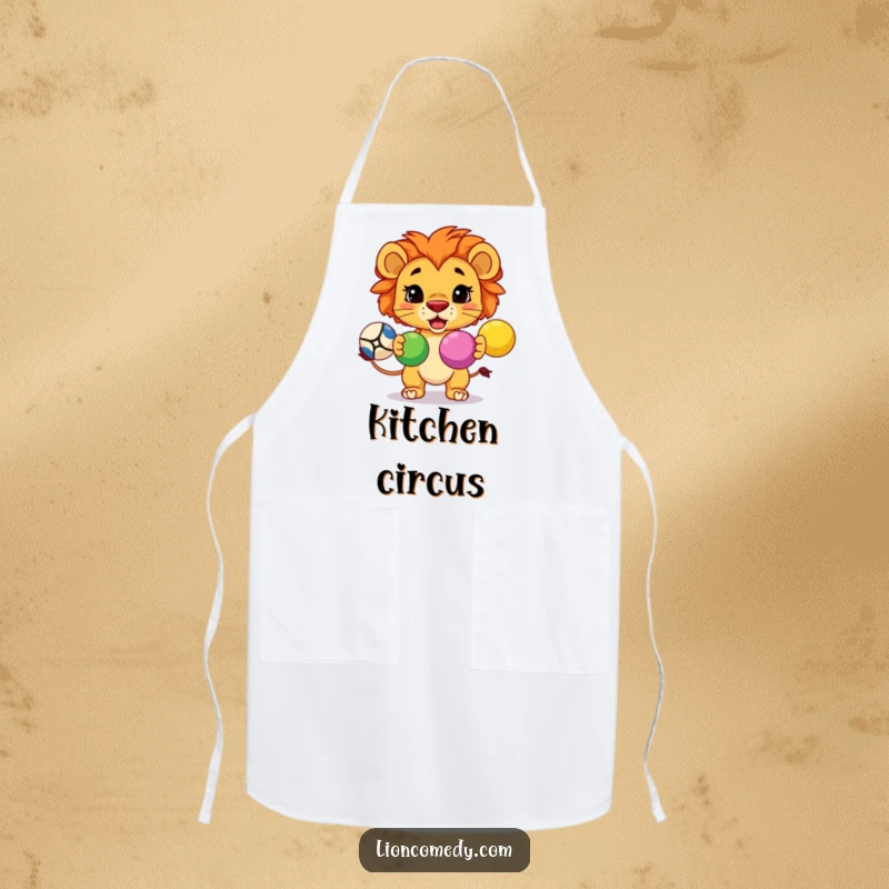 Funny cooking apron featuring a determined kawaii lion juggling three colorful balls, adding kitchen skill and humor.