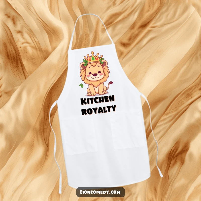 Funny kawaii lion wearing a crown of leaves, striking a kingly yet goofy pose, wearing a kitchen apron.