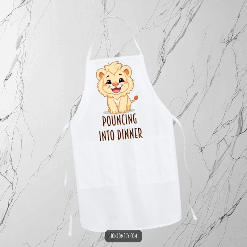 Funny fluffy lion cub with a big grin pouncing playfully on a durable apron, making kitchen duties more enjoyable.