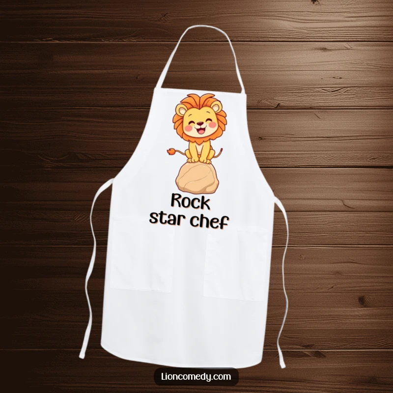 Funny lion balancing apron depicting a joyful lion confidently balancing on a rock, perfect for adding humor to cooking.