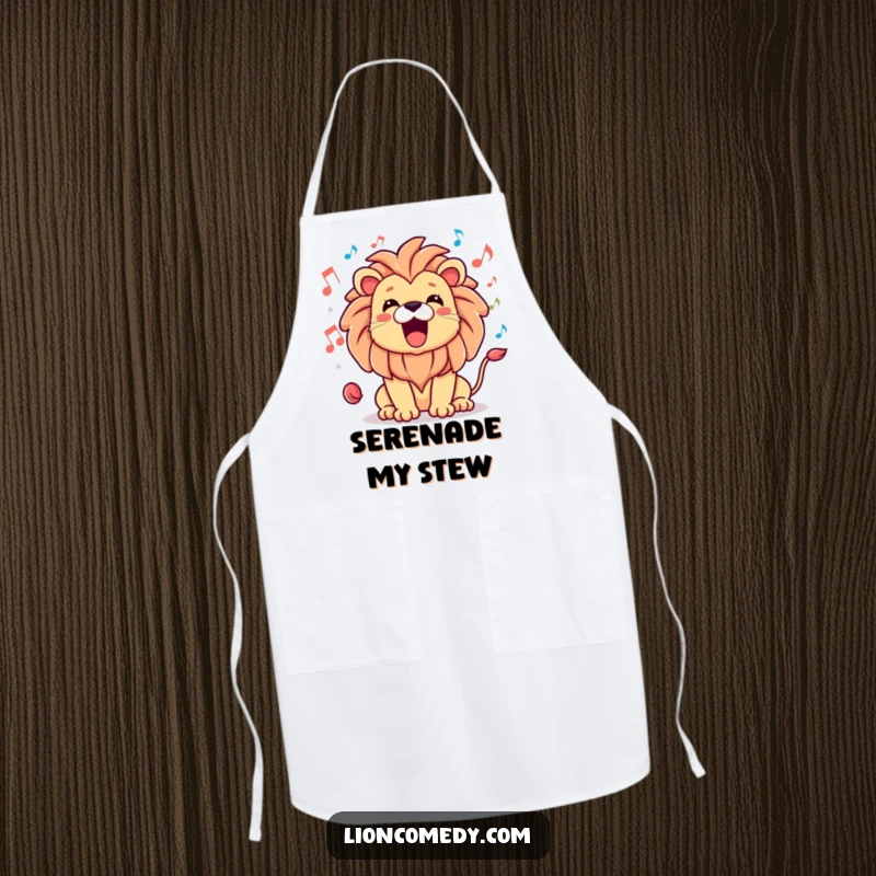 Funny apron featuring a kawaii lion with a happy roar and musical notes, perfect for a musical kitchen.