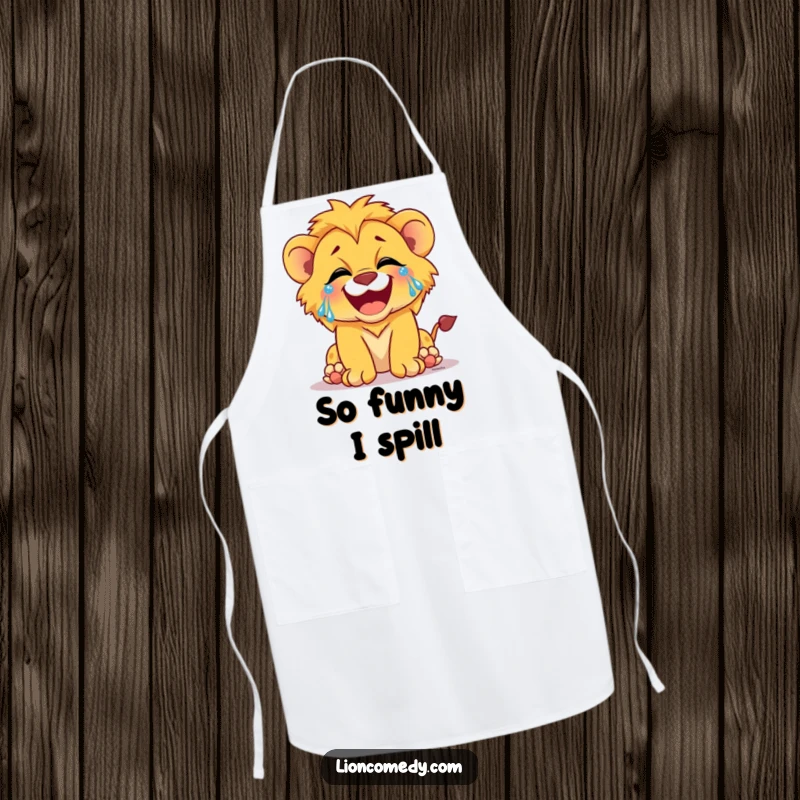 Funny apron depicting a lion cub laughing with tears of joy, perfect for joyful kitchen tasks.