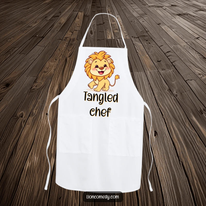 Funny Lion Tail Apron for playful cooking, featuring a kawaii lion with a wide grin, chasing its tail, protecting clothes with humor.