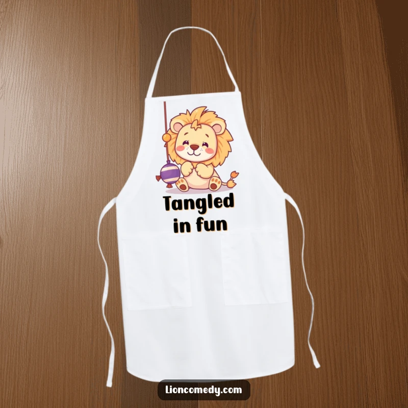 Funny apron featuring a kawaii lion batting at a dangling string toy with playful paws, perfect for a playful kitchen.