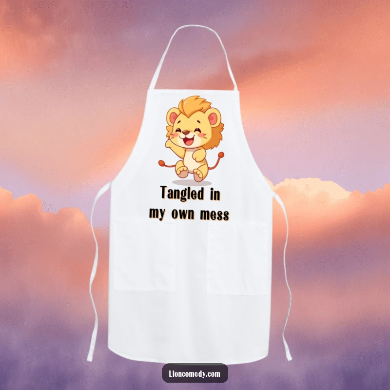 Funny lion cub apron featuring a joyful cub hilariously chasing its own tail in a never-ending, energetic circle.