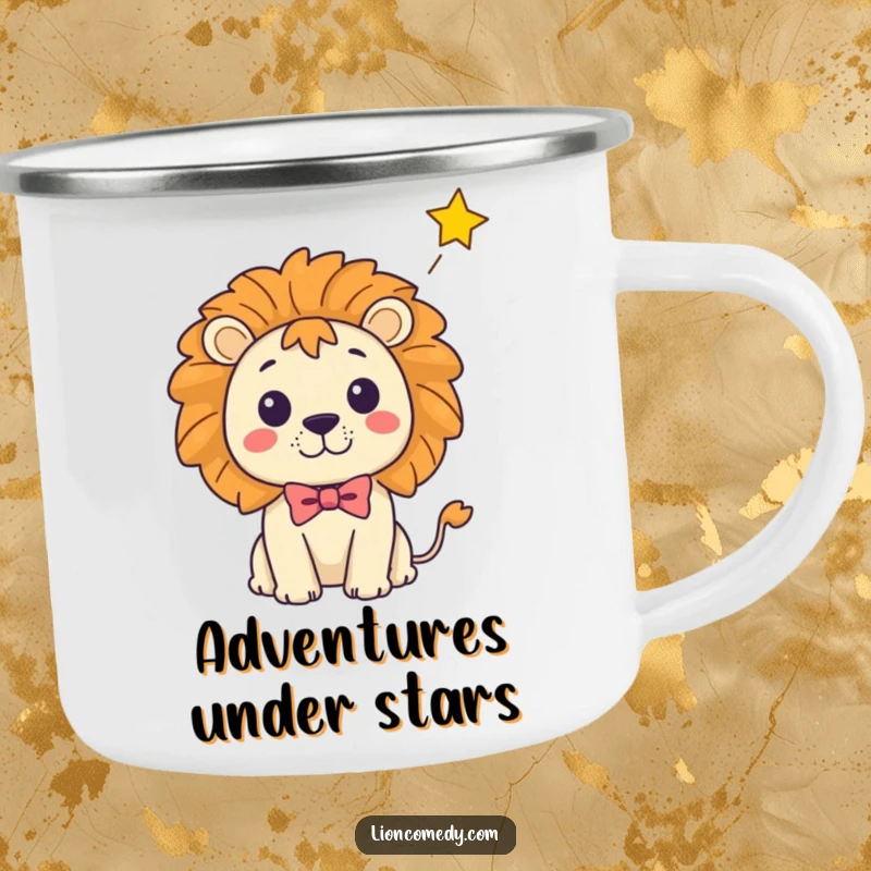 Funny Kawaii Lion Camping Mug: Surprised lion in bow tie with falling star, durable and humorous for outdoor fun.