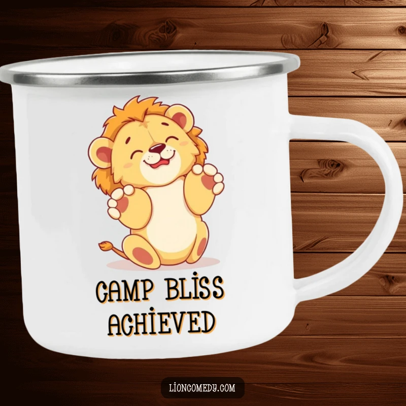 Funny camping mug showing a lion cub happily rolling on its back with paws in the air, ideal for outdoor lovers who appreciate humor.
