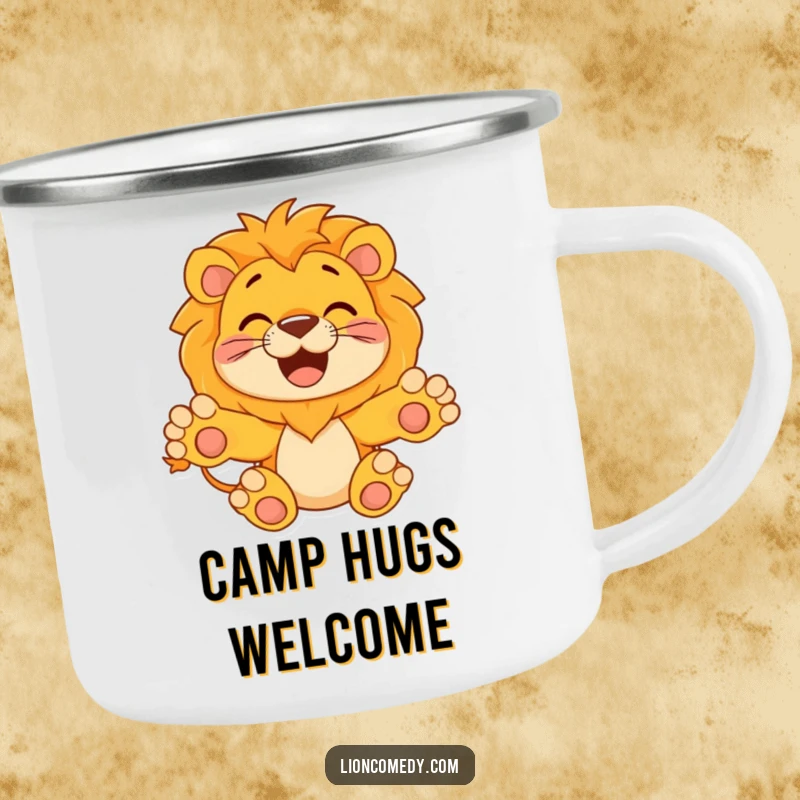 Funny Camping Mug with a happy lion with paws outstretched, ready for a hug, designed for outdoor warmth and cheerful moments.