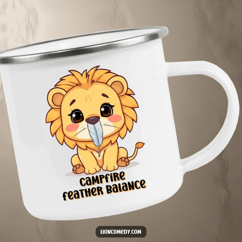 Funny Kawaii lion camping mug with a lion concentrating on balancing a feather on its nose. Perfect for outdoor drinks. Humorous.