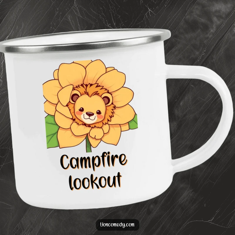 Funny curious lion camping mug, depicting a lion peeking from behind a flower, ready for outdoor fun.